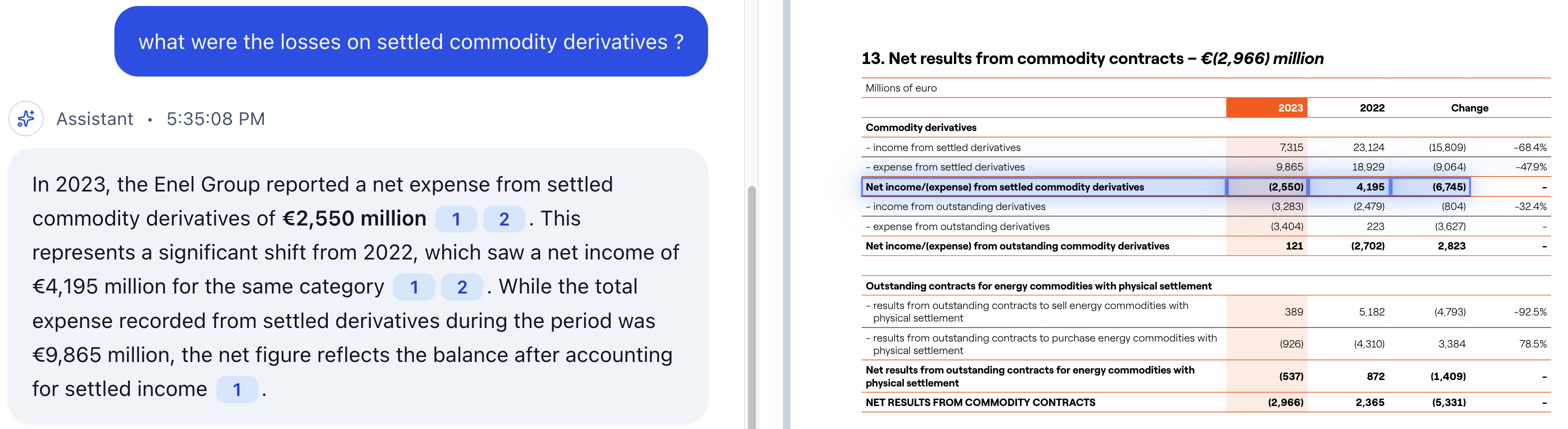 Traceability: AI answer with citation badges linked to the highlighted rows in the source financial table