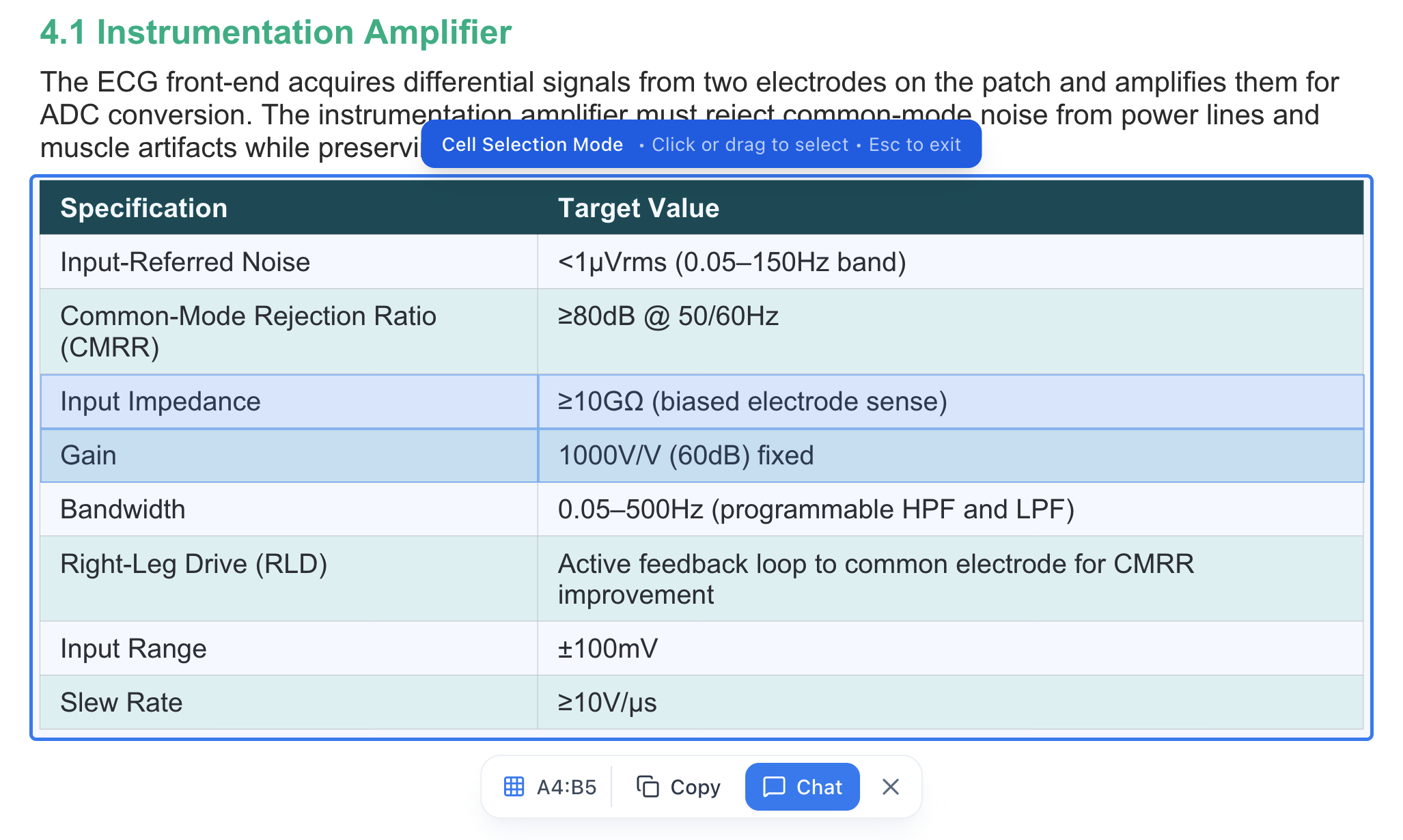 Cell Selection Mode tooltip in a specification table