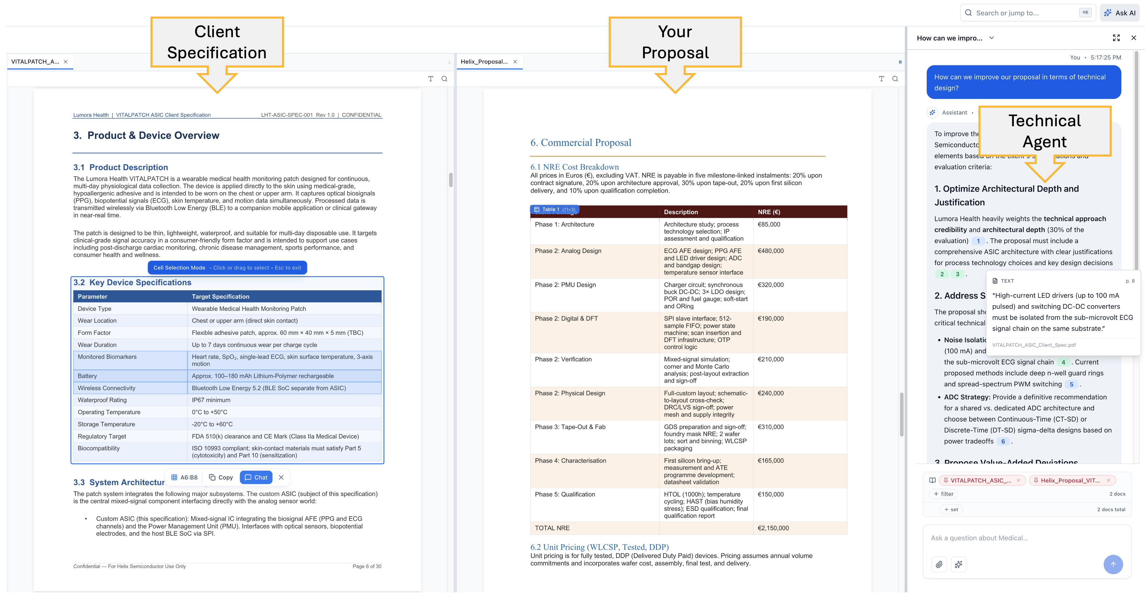 Full screen spec view with AI commentary panel open